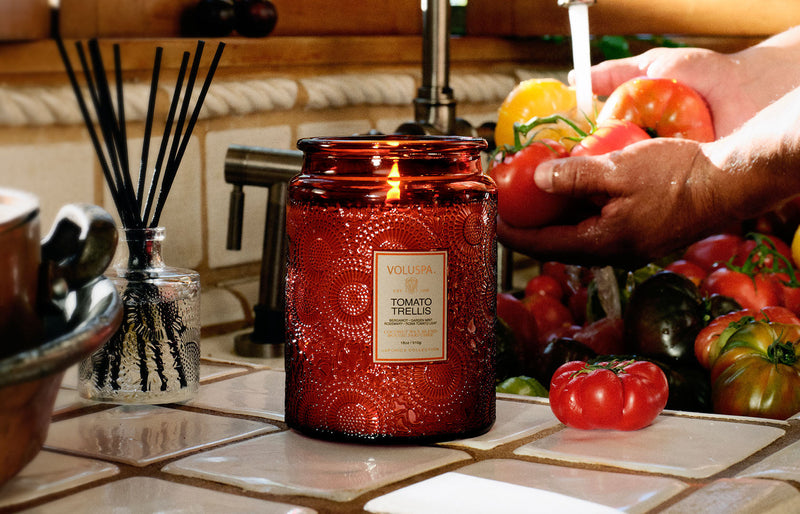 Voluspa Tomato Trellis odor-neutralizing candle styled on a kitchen counter with fresh garden tomatoes and reed diffuser